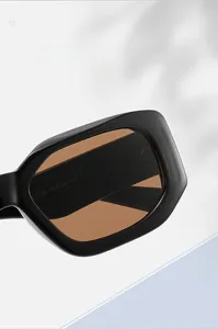 Detailed close-up of square frame sunglasses with model number printing on temples