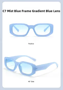 Close-up of retro square sunglasses in matte blue with gradient lenses from multiple angles