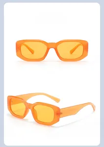 Close-up of orange rectangle sunglasses showing front and 45-degree side view angles