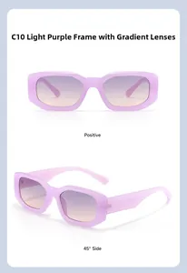 Detailed views of light purple square frame sunglasses with gradient purple lenses
