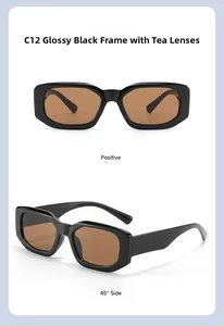 Front and 45-degree side views of black chunky square sunglasses with brown lenses