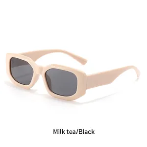 Retro square polygon sunglasses with milk tea beige frames and dark grey lenses for women