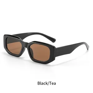 Retro rectangle sunglasses with thick black frame and brown tea lenses in a 45-degree angle
