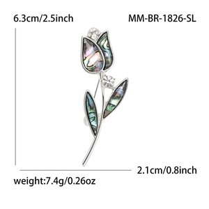 Vintage tulip brooch in silver finish with abalone shell petals and crystal accents