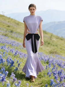 Lavender Mermaid Maxi Dress Polyester Spandex Sleeveless Backless Waist Cutout Large Bow High Neck Party Formal Women