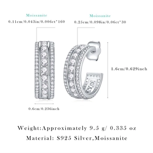 Detailed view of S925 silver moissanite hoop earrings with dimensions and stone count