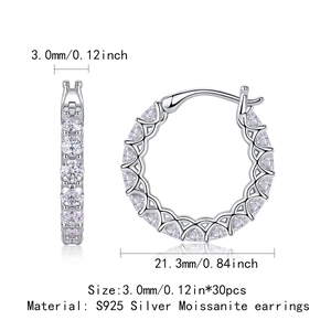 Detail showing 925 sterling silver moissanite hoop earrings with dimensions and 30 stones