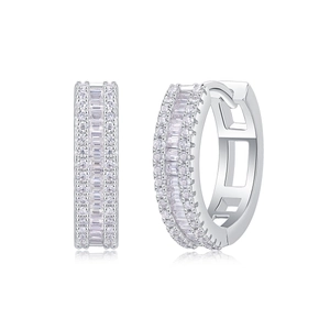 925 sterling silver huggie earrings with three rows of radiant moissanite stones