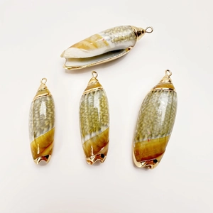 Detail of four natural sea shell pendants with gold plated edges for DIY jewelry making