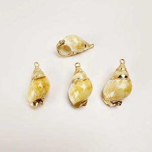 Macro shot of 4 natural conch shell pendants with gold plated edges for DIY jewelry