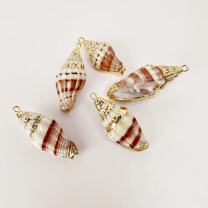 Macro detail of natural spiral shell pendants with gold plated edges and metal loops