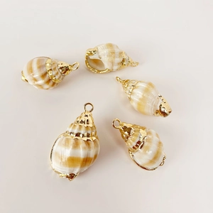 Set of 5 natural spiral shell pendants with gold plated edges and loops for DIY jewelry