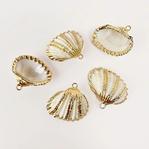 Macro detail of natural white shells with gold-plated edges and DIY jewelry hanging loops