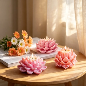Trois bougies parfumées en forme de lotus rose allumées sur une table