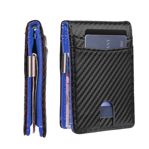 Slim carbon fiber wallet with blue interior, card slots, and stainless steel money clip
