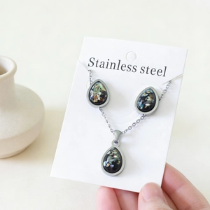 Stainless Steel Jewelry Gold Plated Water Drop Pendant Necklace And Stud Earrings With Shell Inlay For Women Retro