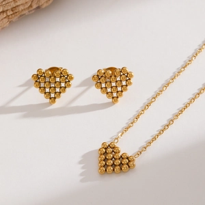 Collier Et Boucles D'oreilles Coeur Perlé Acier Inoxydable Plaqué Or Design Creux Pour Femmes Bijoux De Mode Décontractés