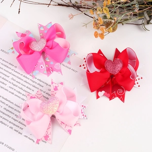 Kids Bow Hair Clips Grosgrain Ribbon Heart Pattern Valentine Day Hairpins For Girls Sweet Hair Accessories