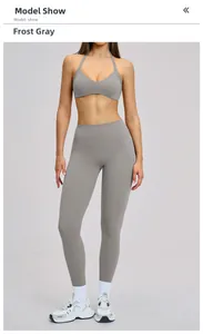 Detail of high waist yoga leggings and halter V-neck sports bra in Frost Gray color