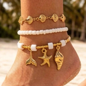 Bohemian Layered Shell Starfish Beaded Anklet For Women Gold White Glass Bead Beach Vacation Ocean Charm Anklet Jewelry