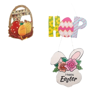 Easter wooden door sign set featuring colorful bunny, eggs, and Happy Easter Day greetings