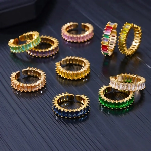 Adjustable gold plated rings set with vibrant baguette-cut zircon in multiple colors