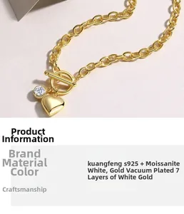 Detail of 925 sterling silver heart necklace with moissanite toggle clasp and gold plating