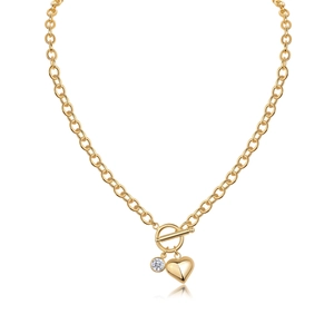 925 silver gold chain necklace with toggle clasp featuring heart and zircon pendants