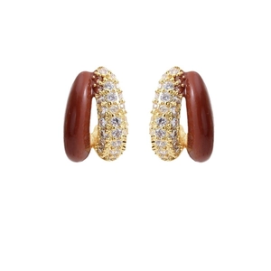 Retro double-row C-shaped hoop earrings with brown enamel and zircon inlay