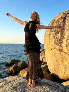 Sexy Black Lace Halter Maxi Dress Deep V Neck Backless Ruffle Evening Party Slim Fit Elegant Sleeveless Gown For Women