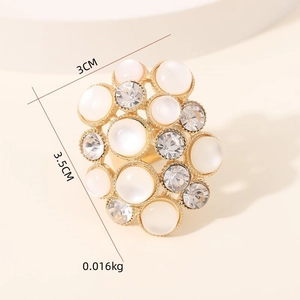 Elegant gold flower ring with cat eye stone and sparkling crystals, 3cm wide open band