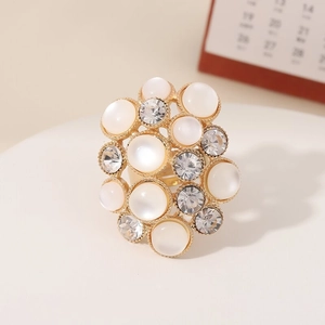 Adjustable Open Ring For Women With Alloy Rhinestone And Imitation Artificial Pearl Irregular Design Elegant Luxury Finger Jewelry