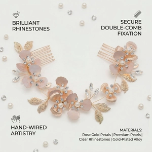 Detail of handmade rose gold bridal hair combs with pearls and clear rhinestones