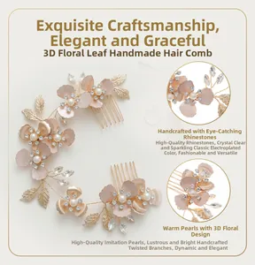 Detail of handmade flower hair combs with pink petals, pearls and crystals