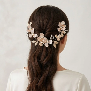 Bridal Hair Comb Gold Alloy Metal Floral Handmade Artificial Pearl Rhinestone U-Shape Hair Clip Wedding Party Headpiece For Women