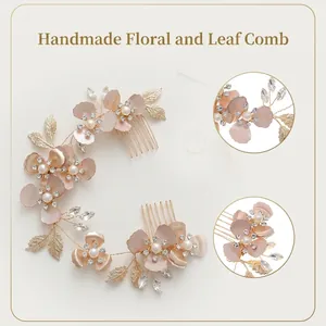 Exquisite handmade flower hair combs with rose gold plating, pearls, and rhinestones