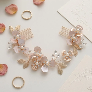 Elegant floral bridal hair comb with pearls, crystals and pink petals for weddings