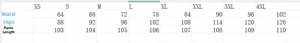 Detailed size chart for women's slim fit jeans covering sizes XS to 4XL measurements