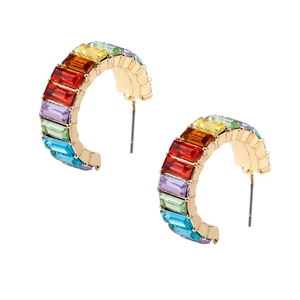 Chic gold-plated C-shaped earrings set with colorful rainbow baguette-cut gemstones
