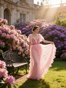 Elegant pink tiered mesh tulle maxi dress with deep V-neck and lace trim details