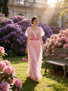 Pink tiered ruffle mesh maxi dress with deep V-neck and delicate white lace trim