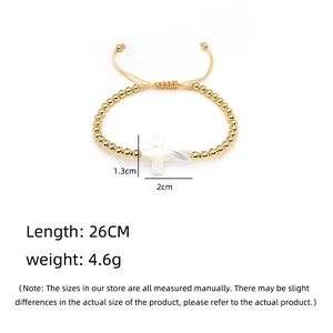 Detail size chart showing 26cm gold bead bracelet with 1.3x2cm pearl cross charm