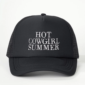 Detail of HOT COWGIRL SUMMER embroidery on black mesh trucker hat with breathable fabric