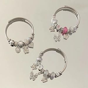 Adjustable Bangle Bracelet Stainless Steel Beaded Rhinestone Heart Pendant Bear Butterfly Charm Fashion Jewelry For Women