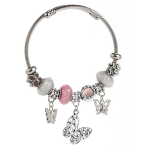 Silver beaded cable bracelet with pink butterfly charms and glittery beads for women
