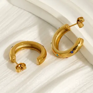 Orecchini A Cerchio A Forma Di C In Acciaio Inossidabile Placcato Oro 18K Con Strass Colorati E Zirconi Stile INS Per Donne