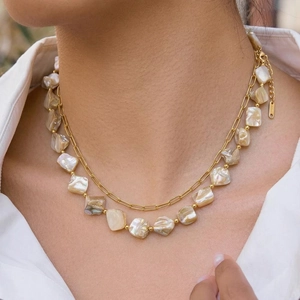 Stainless Steel Irregular Natural Shell Bead Double Layer Necklace Bracelet Gold Plated Waterproof Jewelry For Women