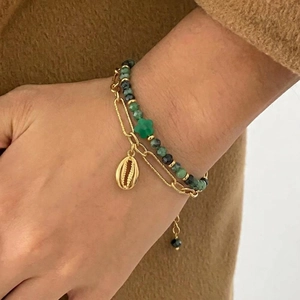 Double Layer Bracelet Stainless Steel Natural Stone Beaded Vintage Light Luxury Gold Plated Shell Clover Pendant Women