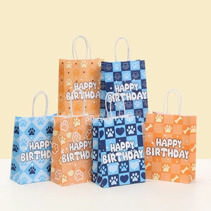 Kraft Paper Gift Bag With Paw Print Bone Heart Pattern Happy Birthday Theme Portable Party Favor Handbag For Celebration