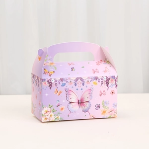 Pink butterfly themed candy gift box with floral prints and handle for parties